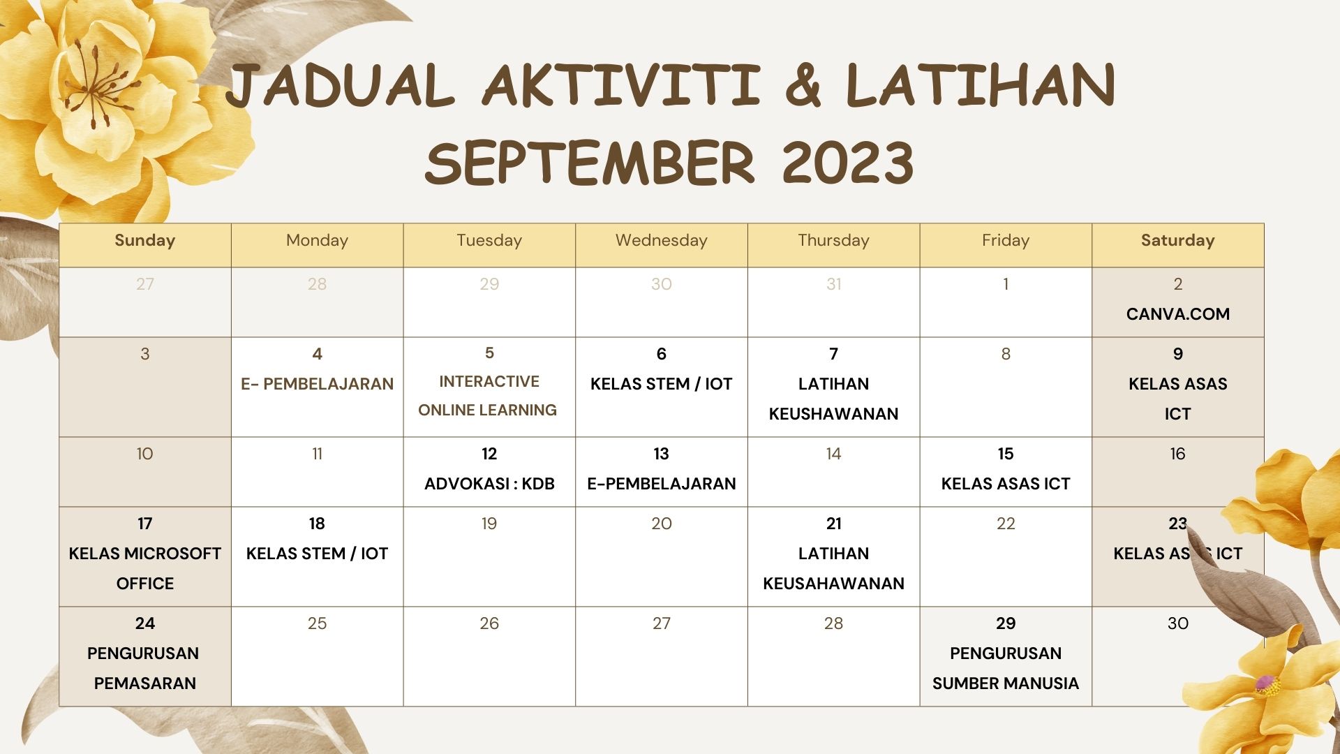 JADUAL AKTIVITI LATIHAN SEPT 2023