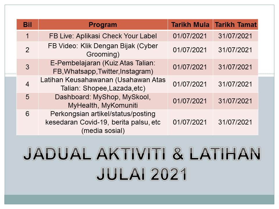 JADUAL AKTIVTI JULAI 2021