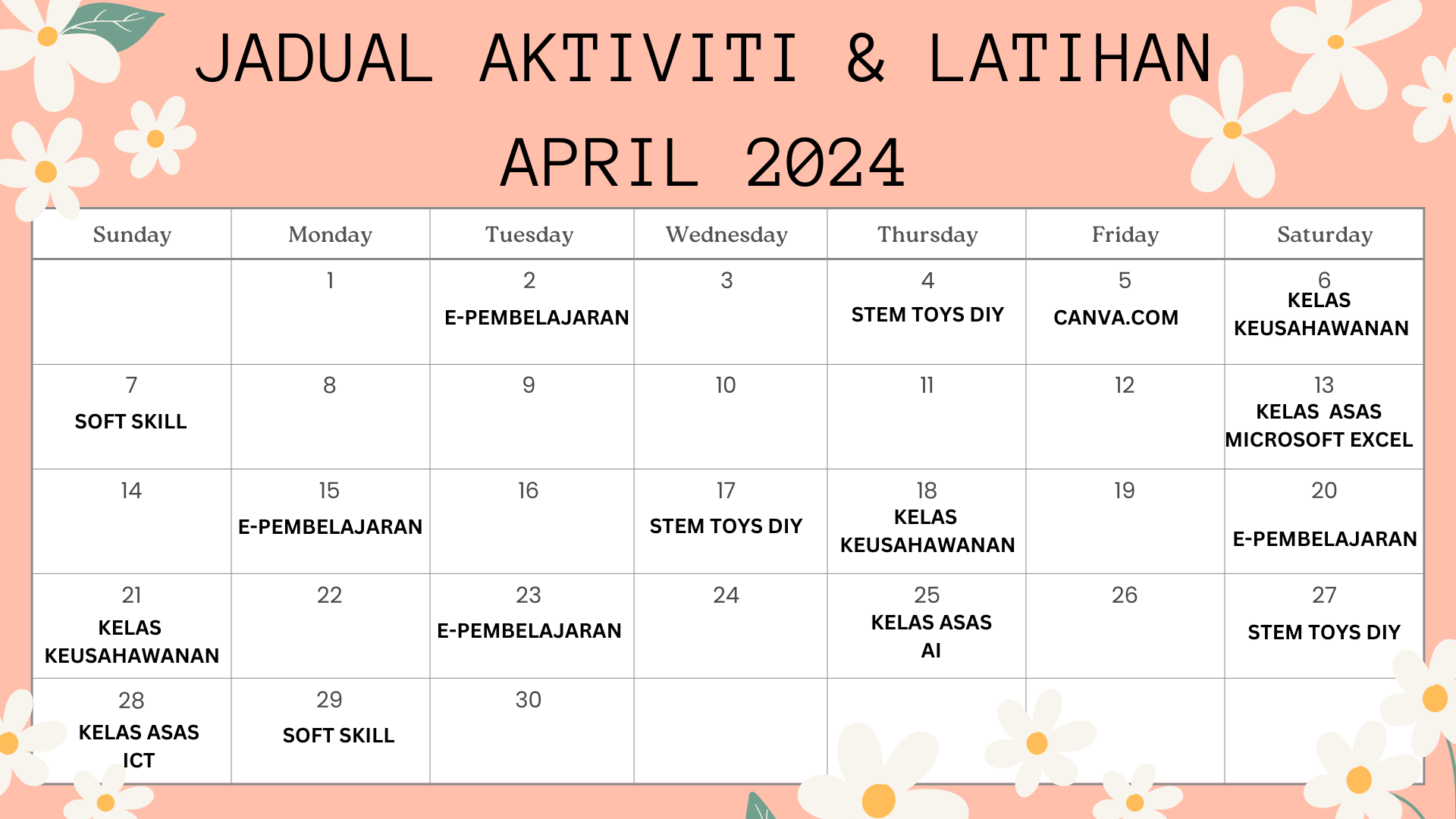 Jadual Aktiviti latihan april 2024