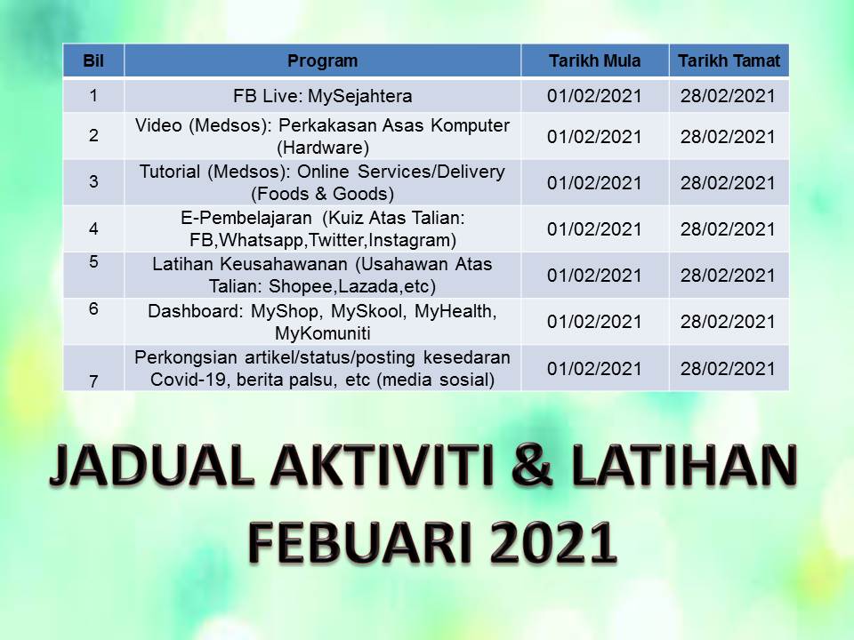 Jadual Aktiviti Feb 2021