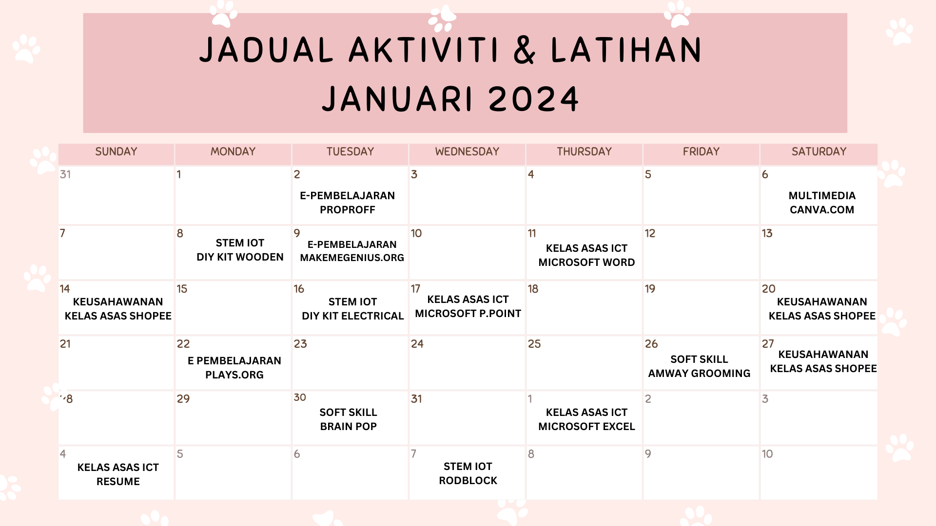 Jadual Aktiviti Jan 2024