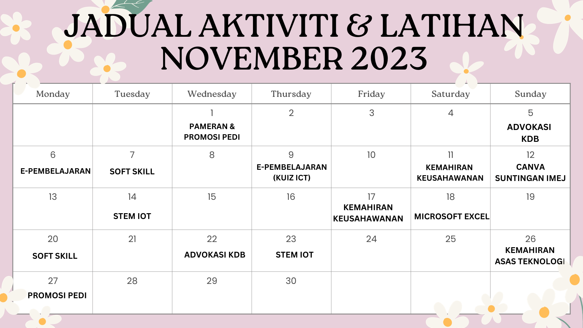 Jadual aktiviti latihan Nov 2023