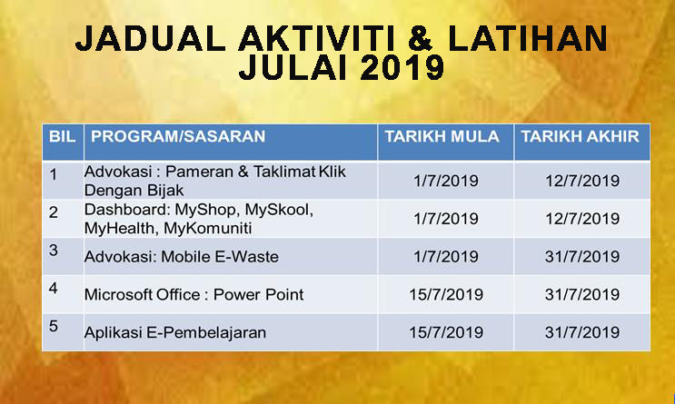 Jadual Aktiviti Julai 2019